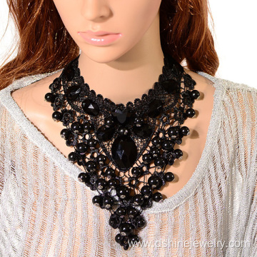 Black Lace Choker With Crystal Imitation Pearl Necklace